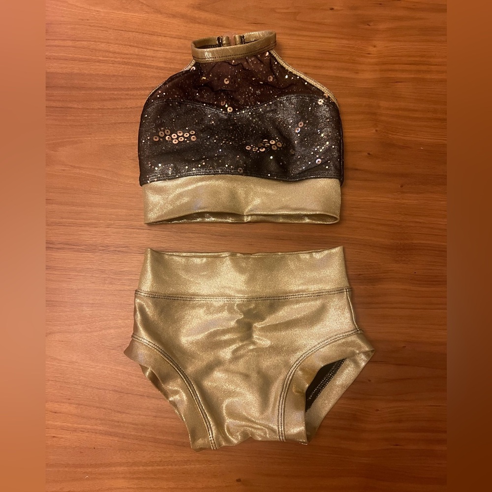 Custom two piece gold/black sequin two piece dance set (Child 4)